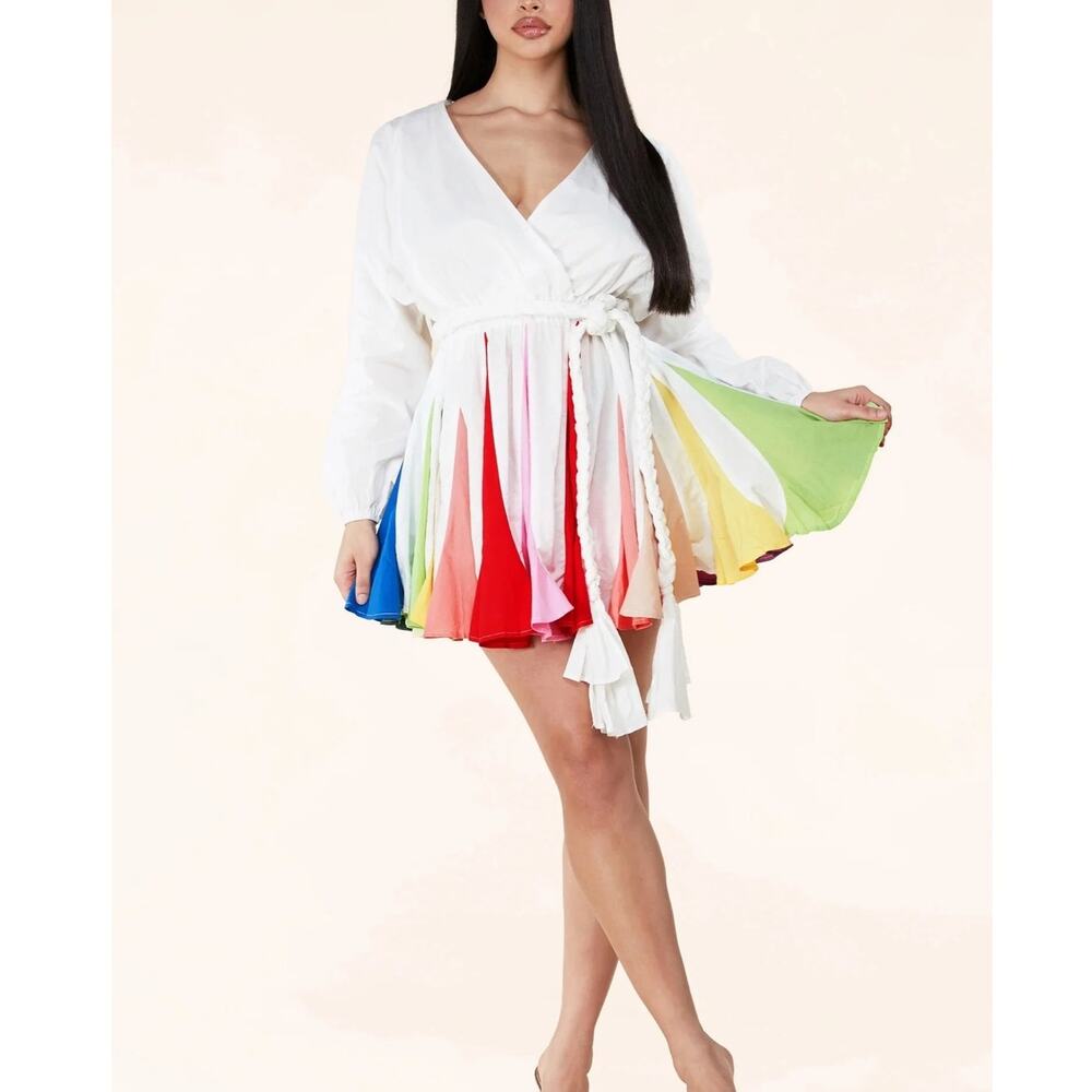 L'ATISTE by Amy Rainbow Faux-Wrap Pleated Mini Dress Womens Medium Flared Skirt